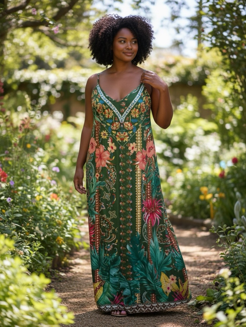 SHEIN Green Floral Botanical V-Neck Maxi Dress